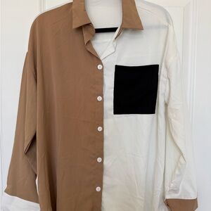 SHEIN Brown and White Casual Button Down Shirt